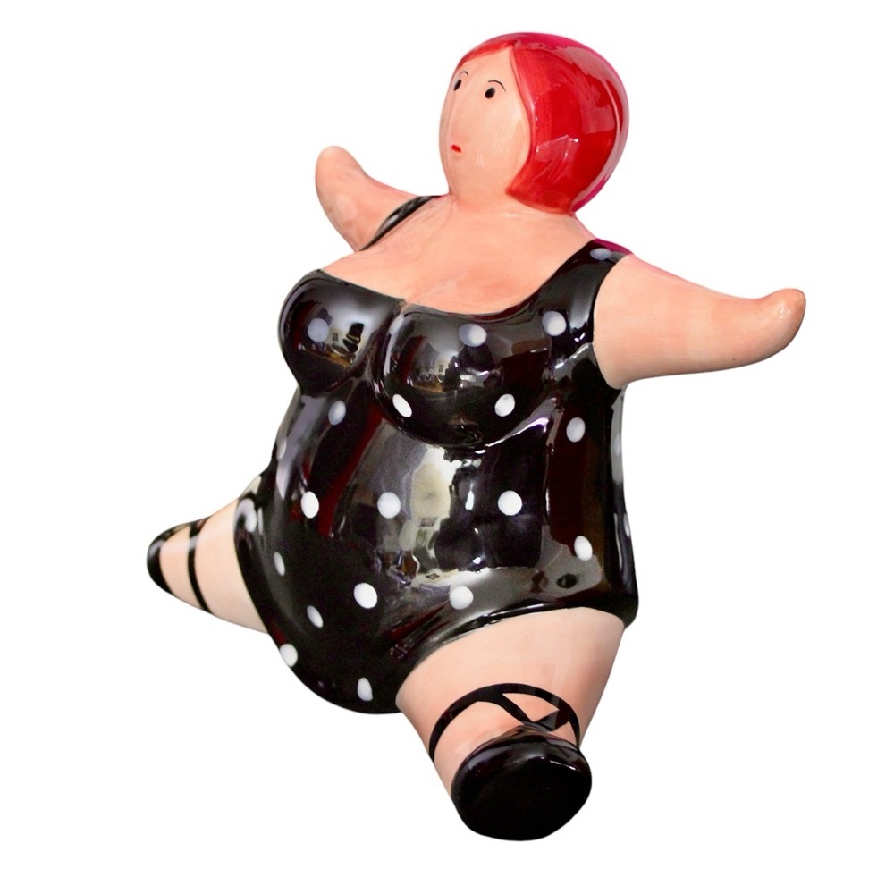 Rare Retro Polka Dot Swimsuit Piggy Bank | Unique Hand-Painted Ceramic Decor - Picture 3 of 15